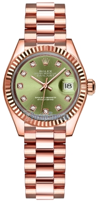 replica Rolex Lady Datejust 28mm Everose Gold Ladies Watch 279175 Olive Green Diamond President