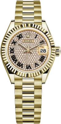 replica Rolex Lady Datejust 28mm Yellow Gold Ladies Watch 279138RBR Pave Black Roman President