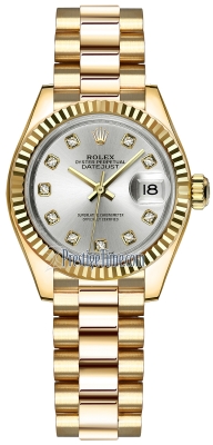 replica Rolex Lady Datejust 28mm Yellow Gold Ladies Watch 279178 Silver Diamond President