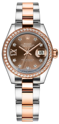 replica Rolex Lady Datejust 28mm Stainless Steel and Everose Gold Ladies Watch 279381RBR Chocolate 17 Diamond Oyster