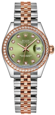 replica Rolex Lady Datejust 28mm Stainless Steel and Everose Gold Ladies Watch 279381RBR Olive Green Diamond Jubilee