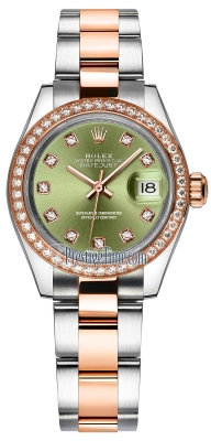 replica Rolex Lady Datejust 28mm Stainless Steel and Everose Gold Ladies Watch 279381RBR Olive Green Diamond Oyster