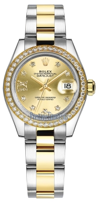 replica Rolex Lady Datejust 28mm Stainless Steel and Yellow Gold Ladies Watch 279383RBR Champagne 17 Diamond Oyster