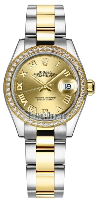 replica Rolex Lady Datejust 28mm Stainless Steel and Yellow Gold Ladies Watch 279383RBR Champagne Roman Oyster