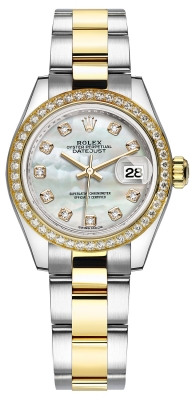 replica Rolex Lady Datejust 28mm Stainless Steel and Yellow Gold Ladies Watch 279383RBR MOP Diamond Oyster