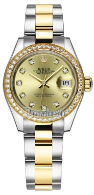 replica Rolex Lady Datejust 28mm Stainless Steel and Yellow Gold Ladies Watch 279383RBR Champagne Diamond Oyster