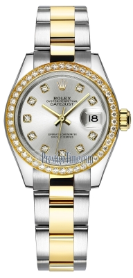 replica Rolex Lady Datejust 28mm Stainless Steel and Yellow Gold Ladies Watch 279383RBR Silver Diamond Oyster