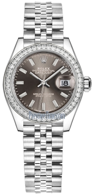 replica Rolex Lady Datejust 28mm Stainless Steel Ladies Watch 279384RBR Dark Grey Index Jubilee