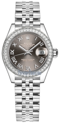 replica Rolex Lady Datejust 28mm Stainless Steel Ladies Watch 279384RBR Dark Grey Roman Jubilee