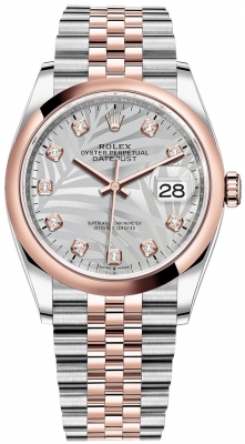 replica Rolex Datejust 36mm Stainless Steel and Rose Gold Ladies Watch 126201 Silver Palm Diamond Jubilee