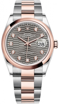 replica Rolex Datejust 36mm Stainless Steel and Rose Gold Ladies Watch 126201 Slate Fluted Diamond Oyster