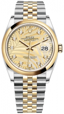 replica Rolex Datejust 36mm Stainless Steel and Yellow Gold Ladies Watch 126203 Golden Palm Diamond Jubilee