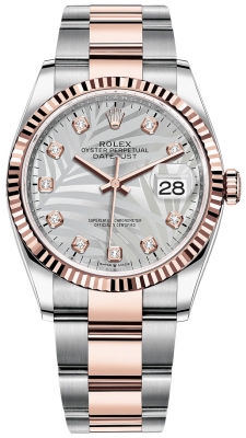 replica Rolex Datejust 36mm Stainless Steel and Rose Gold Ladies Watch 126231 Silver Palm Diamond Oyster