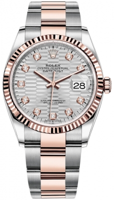 replica Rolex Datejust 36mm Stainless Steel and Rose Gold Ladies Watch 126231 Silver Fluted Diamond Oyster