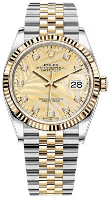 replica Rolex Datejust 36mm Stainless Steel and Yellow Gold Ladies Watch 126233 Golden Palm Diamond Jubilee