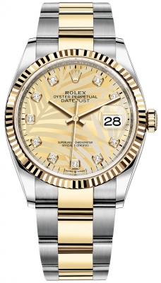 replica Rolex Datejust 36mm Stainless Steel and Yellow Gold Ladies Watch 126233 Golden Palm Diamond Oyster