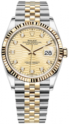 replica Rolex Datejust 36mm Stainless Steel and Yellow Gold Ladies Watch 126233 Golden Fluted Diamond Jubilee