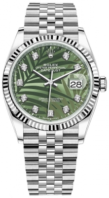 replica Rolex Datejust 36mm Stainless Steel Midsize Watch 126234 Olive Green Palm Diamond Jubilee