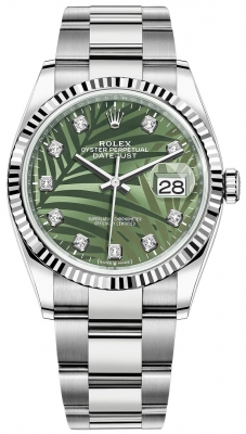 replica Rolex Datejust 36mm Stainless Steel Midsize Watch 126234 Olive Green Palm Diamond Oyster