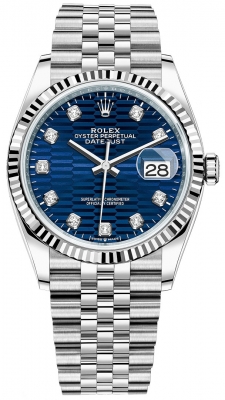 replica Rolex Datejust 36mm Stainless Steel Midsize Watch 126234 Bright Blue Fluted Diamond Jubilee