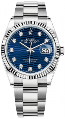 replica Rolex Datejust 36mm Stainless Steel Midsize Watch 126234 Bright Blue Fluted Diamond Oyster