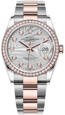 replica Rolex Datejust 36mm Stainless Steel and Rose Gold Ladies Watch 126281rbr Silver Palm Diamond Oyster