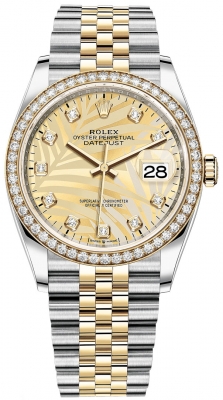 replica Rolex Datejust 36mm Stainless Steel and Yellow Gold Ladies Watch 126283rbr Golden Palm Diamond Jubilee