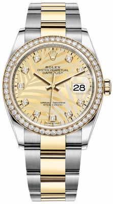 replica Rolex Datejust 36mm Stainless Steel and Yellow Gold Ladies Watch 126283rbr Golden Palm Diamond Oyster