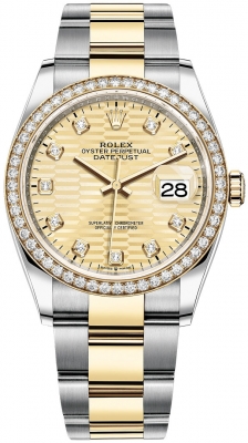 replica Rolex Datejust 36mm Stainless Steel and Yellow Gold Ladies Watch 126283rbr Golden Fluted Diamond Oyster