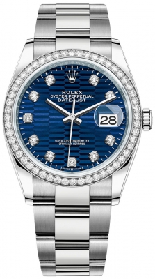 replica Rolex Datejust 36mm Stainless Steel Midsize Watch 126284rbr Bright Blue Fluted Diamond Oyster